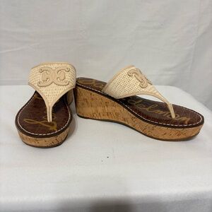 Sam Edelman Ruth wedge thong sandals in linen raffia with a cork platform.